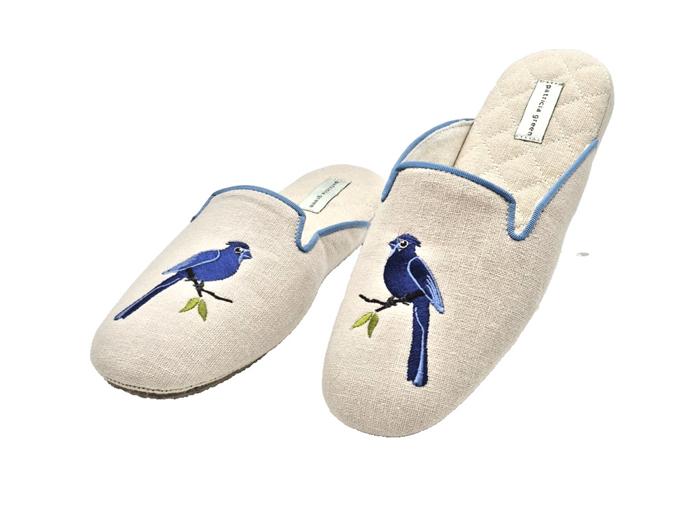 Patricia Green Womens Size 10 Linen Blue Bird Embroidered Mule Slippers Beige